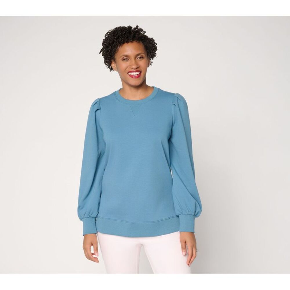 SUNNYLiFE Women's Top Sweater Sz L Time to Relax Balloon Sleeve Blue A677092